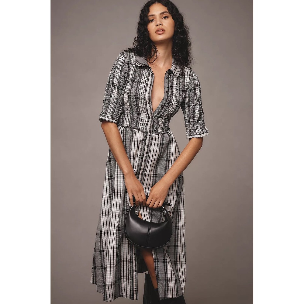 Maeve Anthropologie Midi Shirt Dress Smocked Plaid Black White Peter Pan Medium